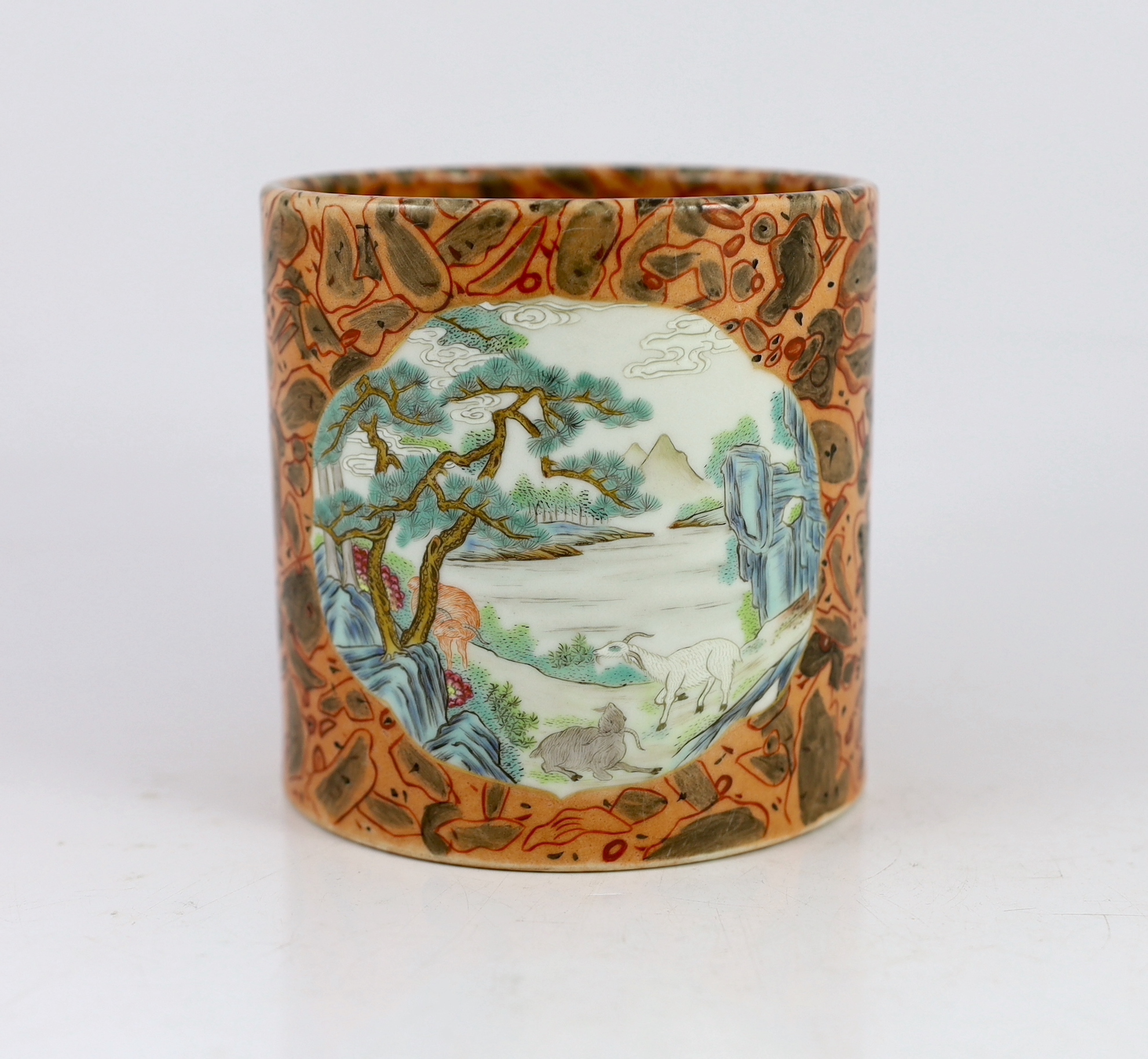 A Chinese faux bois brushpot, Qianlong mark, 20th century, 12.2 cm high